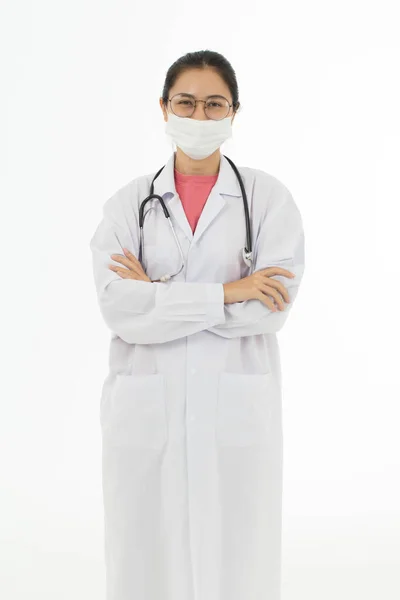 Porträtt Asiatisk Kvinnlig Läkare Vit Rock Bär Ögon Glasögon Stående — Stockfoto