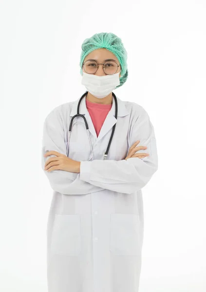 Retrato Médico Asiático Sexo Feminino Casaco Vestido Branco Vestindo Máscara — Fotografia de Stock