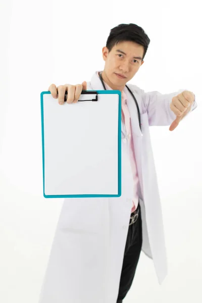 Asian Male Doctor Holding Thumbs Dislike Blank Medical Chart Serious — Stock Photo, Image