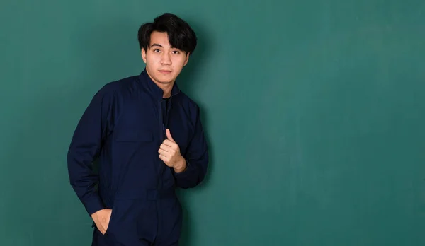 Portrait Young Handsome Asian Man Wearing Blue Mechanic Jumpsuit Standing — Stock Photo, Image