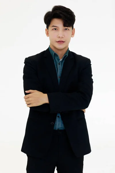 Half Tělo Portrét Roztomilého Asijského Podnikatele Ležérní Oblek Bunda Košile — Stock fotografie