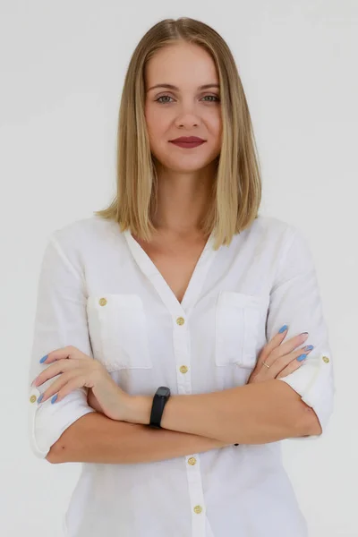 Portrait One Caucasian Adult Woman Long Bronze Hair Standing Smiling — Stock Photo, Image