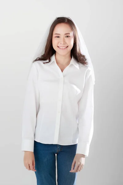 Portrait Young Attractive Asian Woman Wearing White Shirt Veil Smiling — Stock Photo, Image