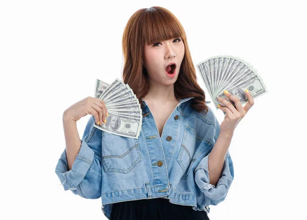 Fiatal Aranyos Ázsiai Kezében Amerikai Bankjegyek Hogy Szét Kezében Mosolygott — Stock Fotó