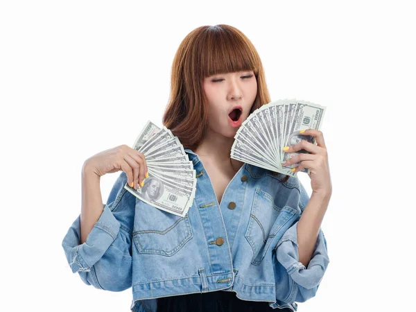 Young Cute Asian Woman Holding American Banknotes Spread Out Her — Stock Photo, Image
