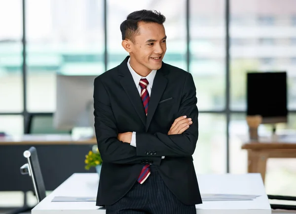 Encantado Jovem Empresário Masculino Étnico Asiático Terno Formal Com Rosto — Fotografia de Stock