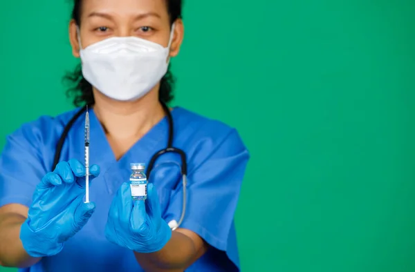 Selective Focus Asian Female Nurse Scrubs Hand Holding Syringe Covid — Stock Photo, Image