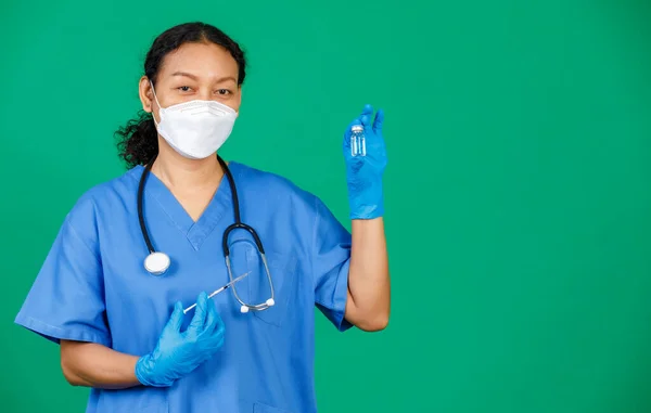 Asian Female Nurse Scrubs Wearing Mask Holding Syringe Covid Vaccine — Stock Photo, Image