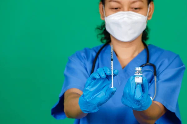 Selective Focus Asian Female Nurse Scrubs Hand Holding Syringe Covid — Stock Photo, Image