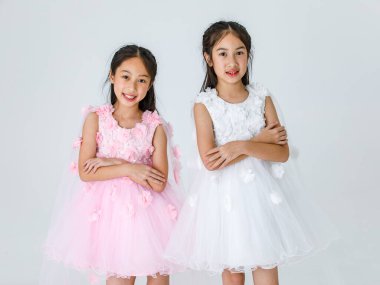 İki küçük Asyalı balerin, pembe ve beyaz güller içinde bale elbisesi, kırmızı ayakkabılar ve yüksek topuklu ayakkabılarla birlikte kameraya bakarken çekilmiş bir portre resmi..