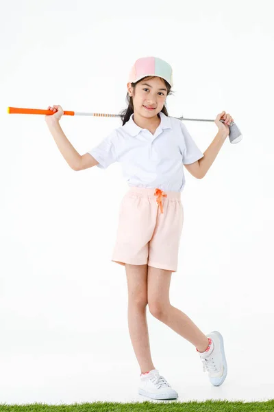 Retrato Isolado Estúdio Tiro Muito Bonito Pouco Asiático Golfista Esporte — Fotografia de Stock