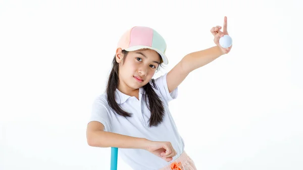 Retrato Close Estúdio Isolado Tiro Asiático Pouco Profissional Menina Golfista — Fotografia de Stock