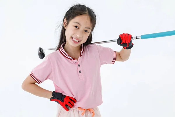 Retrato Cerca Estudio Aislado Disparo Pequeña Golfista Asiática Feliz Deporte — Foto de Stock