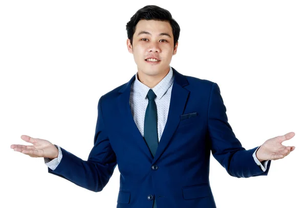 Jovem Atraente Asiático Homem Negócios Vestindo Terno Azul Marinho Com — Fotografia de Stock