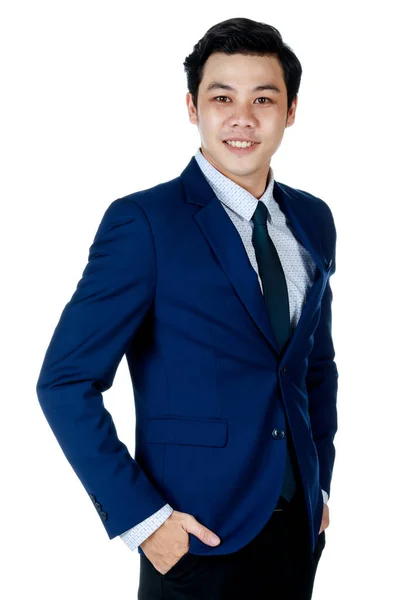 Fiatal Vonzó Ázsiai Üzletember Haditengerészeti Kék Öltöny Fehér Ing Nyakkendő — Stock Fotó