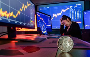 Başarısız simsar, ticaret odasındaki çalışma masasında stresli bir şekilde otururken borsada borsa tablosu ön planda bitcoin ile düşerken el ele tutuşur..