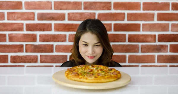 Beautiful Young Asian Woman Lower Brick Wall Smilingly Looking Very — Stock Photo, Image