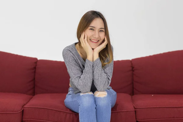 Asian Beautiful Cute Woman Smiling Happiness Wearing Grey Knitted Sweater — стокове фото