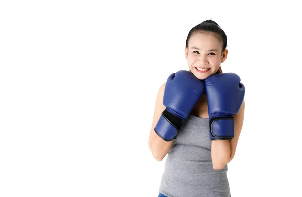 Fuerte Determinado Joven Asiático Femenino Guantes Boxeo Azul Golpeando Golpeando — Foto de Stock
