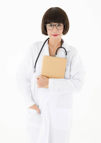 Positiv Vänlig Ung Asiatisk Kvinnlig Medicinsk Specialist Vit Rock Och — Stockfoto