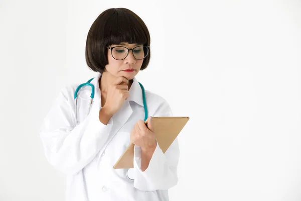 Professional Young Asian Female Medic White Coat Glasses Stethoscope Neck — Stock Photo, Image