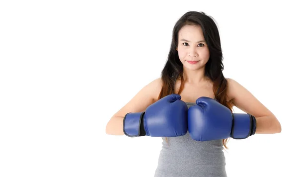 Positif Actif Jeune Asiatique Femme Tenue Décontractée Bleu Gants Boxe — Photo