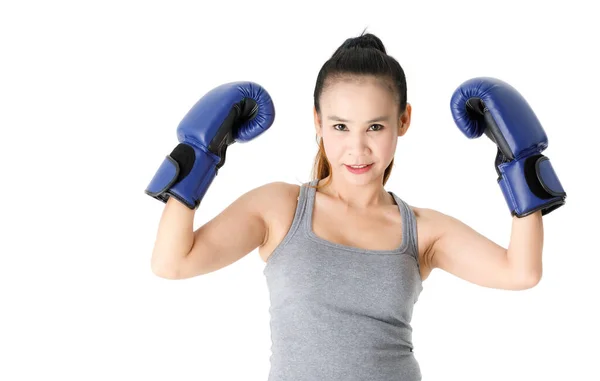 Victoriosa Joven Luchadora Asiática Guantes Boxeo Azul Levantando Las Manos —  Fotos de Stock