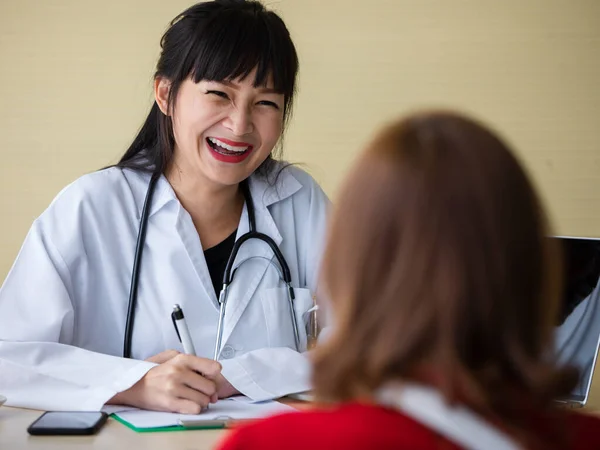 Asian Doctor Toothy Smile Patient Explaining Illness Positive She Likes — Stock Photo, Image