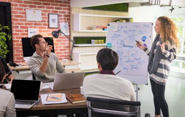 Yakışıklı, beyaz, zeki, yaratıcı iş adamı etkileşimde bulunan ve güzel meslektaşına, ofisteki kapalı modern toplantı odasında pazarlama stratejisi sunumuyla ilgili soru soran biri.