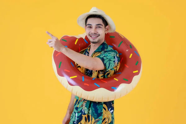 Smiling Young Asian Man Printed Hawaiian Shirt Points Direction New — Stock Photo, Image