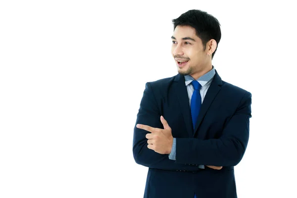 Porträtt Glad Ung Asiatisk Affärsman Pekar Finger Sidan Tomt Utrymme — Stockfoto