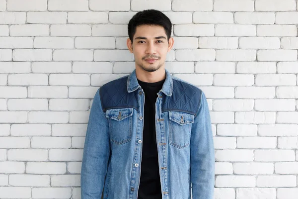 Trendy Sexy Asian Man Denim Jacket Standing White Brick Wall — Stock Photo, Image