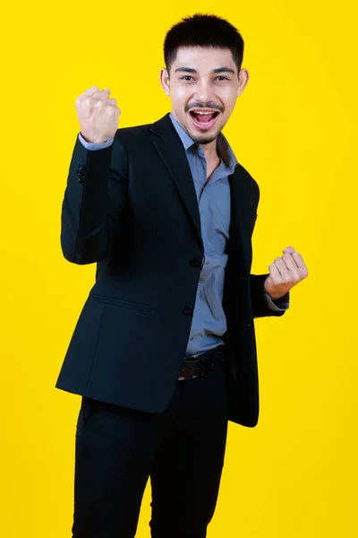 Asian Business Working Adult Beard Handsome Man Wearing Suit Raising — Stock Photo, Image