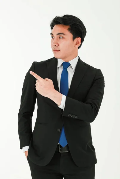 Young Successful Businessman Formal Black Suit Looking Pointing His Finger — ストック写真