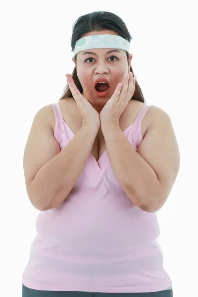 Retrato Aislado Estudio Toma Infeliz Asiática Gordita Gorda Gordita Rosa — Foto de Stock