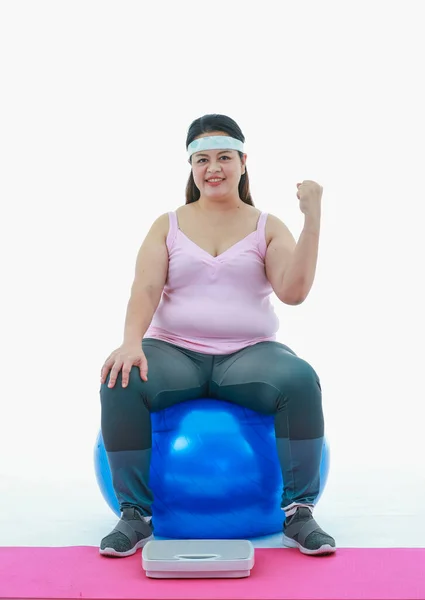 Retrato Isolado Estúdio Tiro Asiático Feliz Sucesso Forte Menina Gorda — Fotografia de Stock