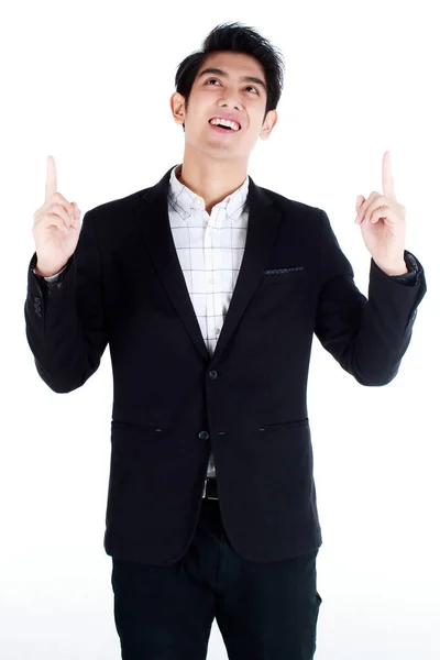 Portrait Happy Young Good Looking Asian Businessman Black Stylish Suit — Stock Photo, Image