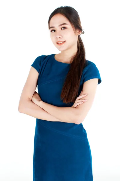 Милая Молодая Азиатская Деловая Женщина Синей Одежде Стоящая Скрещенными Руками — стоковое фото