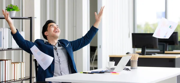 Successful Happy Businessman Entrepreneur Sitting Chair Modern Office Throwing Documents — Stock Photo, Image