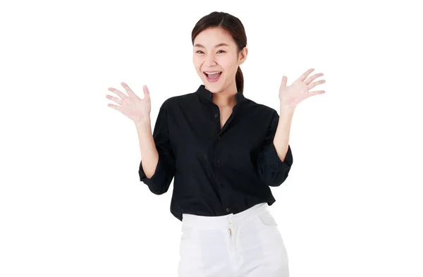 Asiatisk Glad Affärskvinna Med Hår Bundet Bär Casual Svart Skjorta — Stockfoto