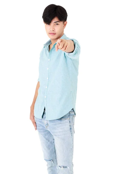 Asiático Bonito Curto Preto Cabelo Homem Vestindo Casual Azul Camisa — Fotografia de Stock