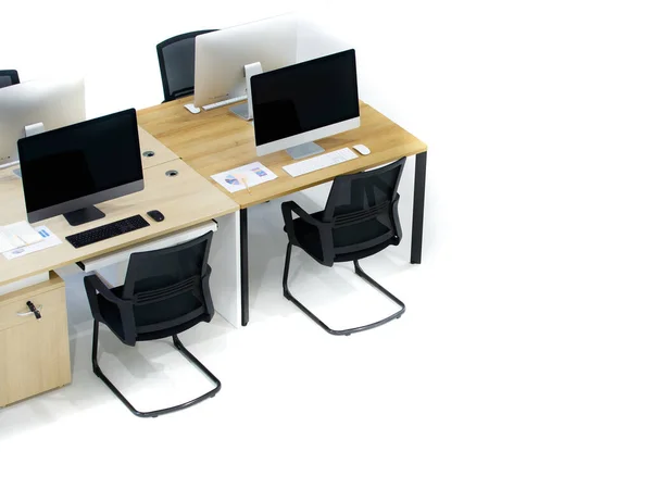 Contemporary Office Modern High Technology Computers Devices Wood Table White — Stock Photo, Image