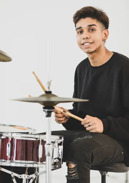 Front View Portrait Shot Teenage Drummer Playing Music Young Musician — Stock Photo, Image