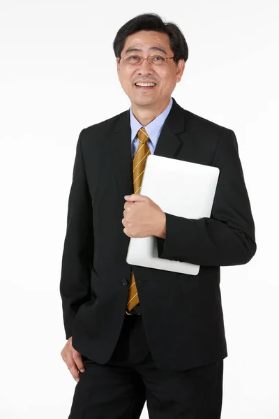 Adult Businessman Black Formal Suit Wear Glasses Stand Holding Notebook — Stock Photo, Image