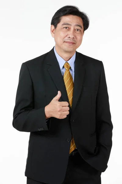 Starszy Azjatycki Biznesmen Formalnym Czarny Garnitur Stojący Uśmiech Dać Kciuk — Zdjęcie stockowe