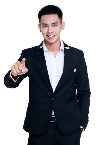 Lovely Cutout Portrait Young Healthy Businessman Black Suit Standing Smile — Stock Photo, Image