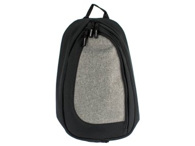 Yeni moda tuval kumaştan, siyah ve gri fermuarlı sırt çantasından, beyaz arka planda üst kulplu ve kompartıman cepli izole edilmiş yakın çekim..