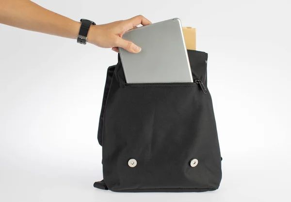 Estúdio Close Isolado Tiro Mulher Mão Pegar Tablet Computador Bolso — Fotografia de Stock