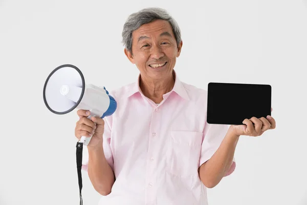 Будьте Добры Лицо Красивый Пожилой Азиатский Мужчина Седыми Волосами Держа — стоковое фото