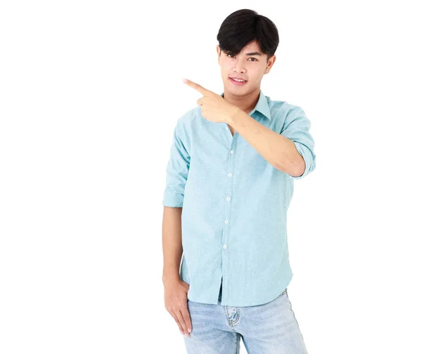 Asiatiska Företag Glad Man Bär Casual Jeans Glatt Leende Peka — Stockfoto